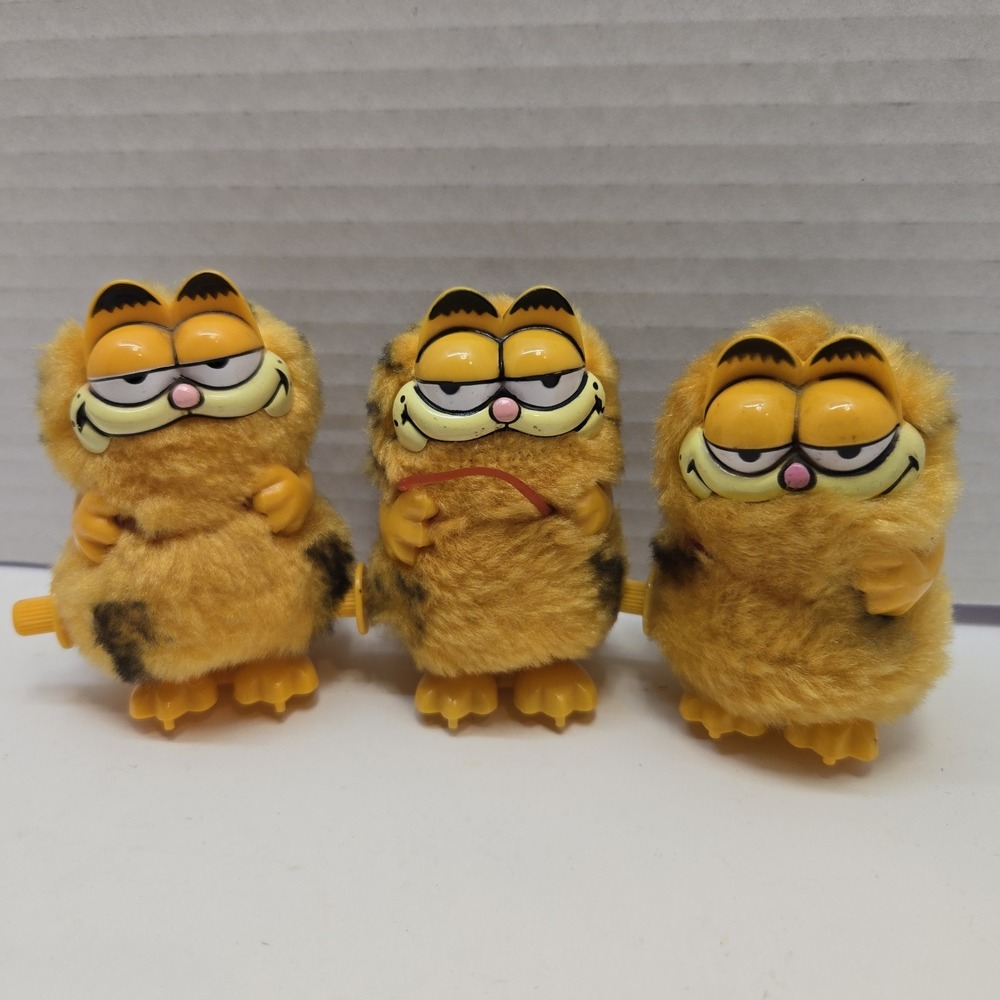 Three GARFIELD Fuzzy Plush Wind Up Hopper Toy 1981 VINTAGE Kats Meow Read